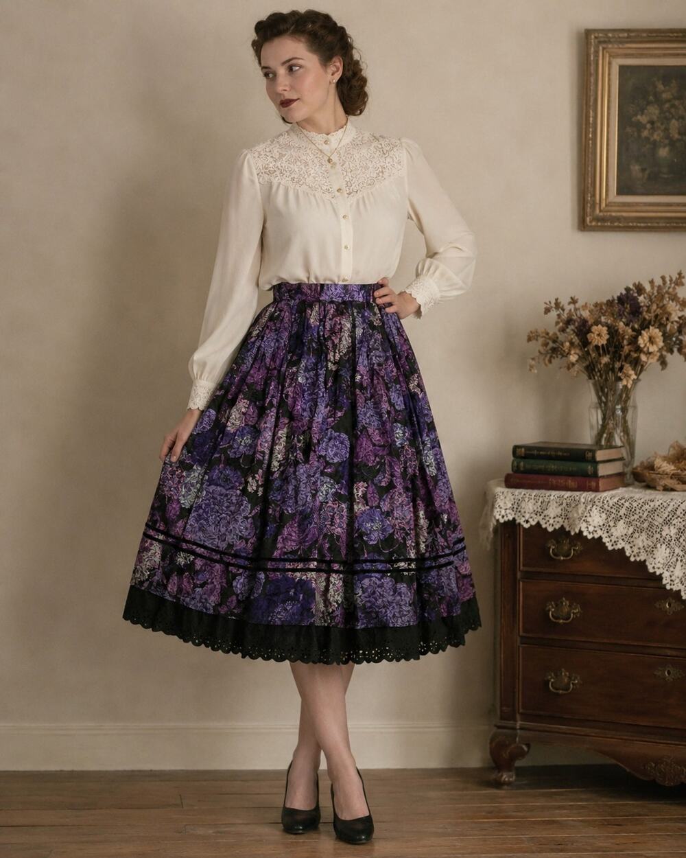 Vintage 90s Altenbeurer German Trachten Skirt Sz 40 Purple Floral Bavarian Folk